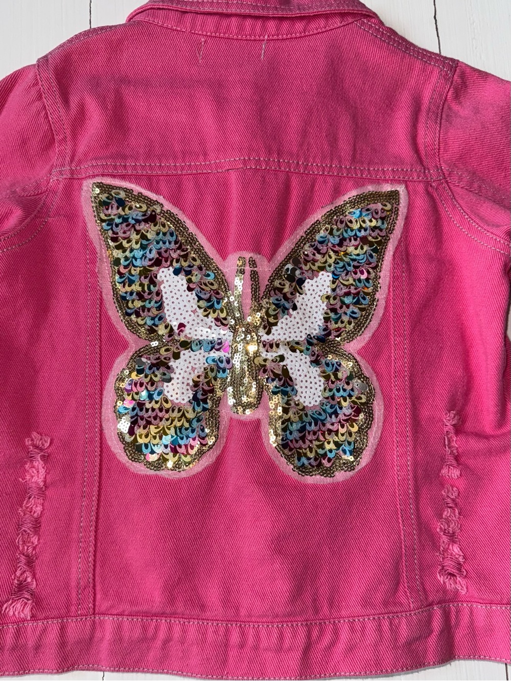 Ruffles by Tutu & Lulu Pink Sequin Butterfly Denim Jacket Size 6